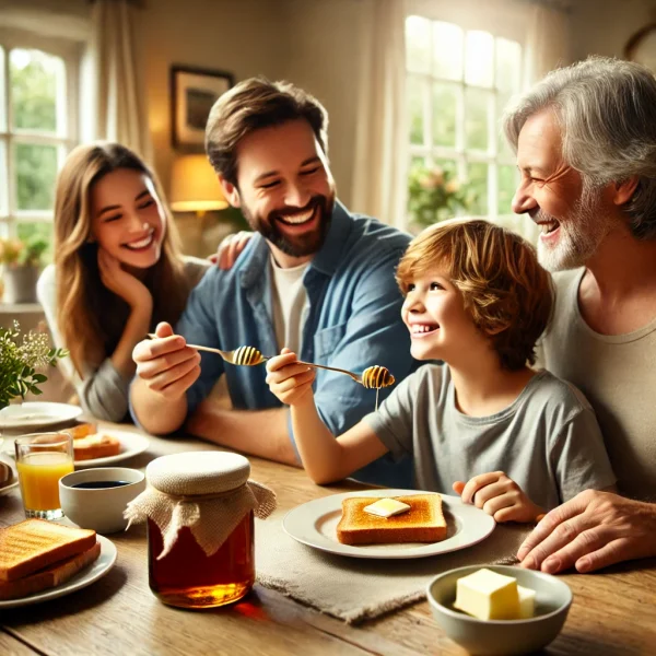 DALL·E 2024-11-24 12.21.33 - A warm and cozy breakfast scene featuring a family of four enjoying date syrup on their toast at the breakfast table. The family is smiling and intera