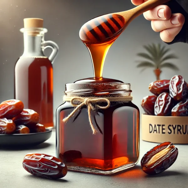 DALL·E 2024-11-24 12.21.56 - A high-quality, professional image of date syrup being poured into a glass jar with a smooth, rich texture. The date syrup should have a dark amber co